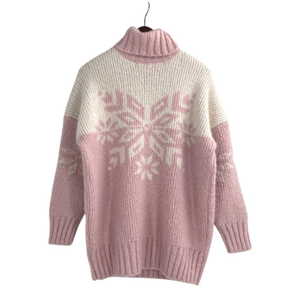 J. Crew Womens Small Snowflake Turtleneck Sweater Pink White Wool Alpaca Cozy - Picture 1 of 8